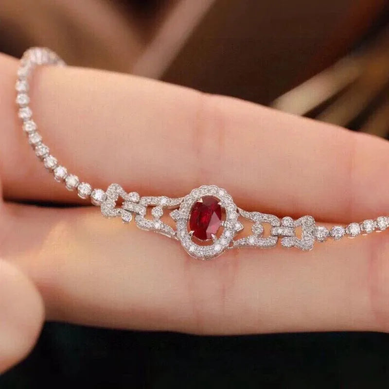 18K Solid White Gold Diamond & Natural Ruby Tennis Bracelet for Women | Elegant Fairy Design | Perfect Gift for Anniversaries, Weddings & High-Class Banquets