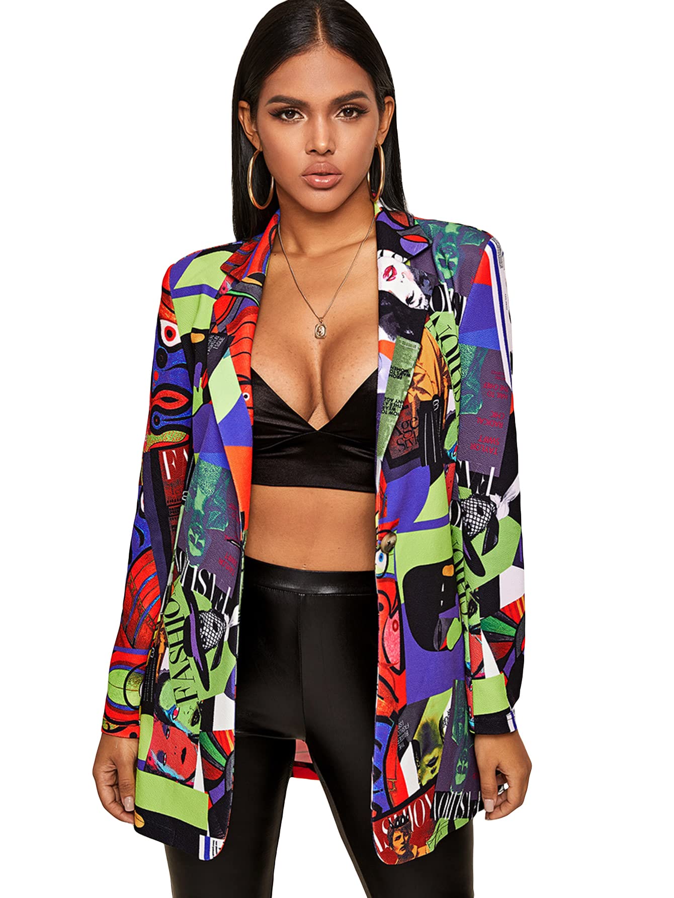 WDIRARA Women's Fashion Blazer - Stylish Graphic Print Open Front Long Sleeve Jacket for Office, Party & Casual Wear | Multicolor Coat for Business, Dating & Daily Outfits