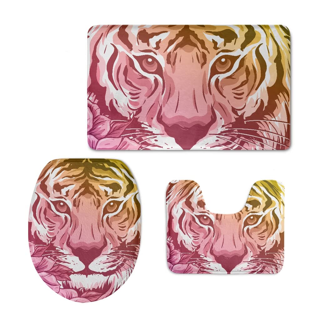 Non-Slip Tiger Print Bathroom Rugs Set - Soft Absorbent Toilet Seat Cover & Floor Mat - Waterproof Bathroom Carpet for Home Decor, Kids & Guest Bathrooms
