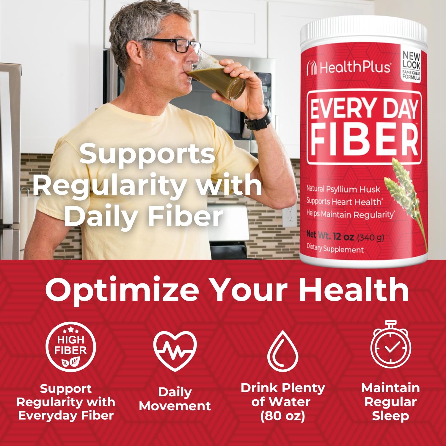 Health Plus Daily Fiber Digestive Support - Natural Fiber for Bloating & Heart Health (12oz, 48 Servings) for Active Lifestyles