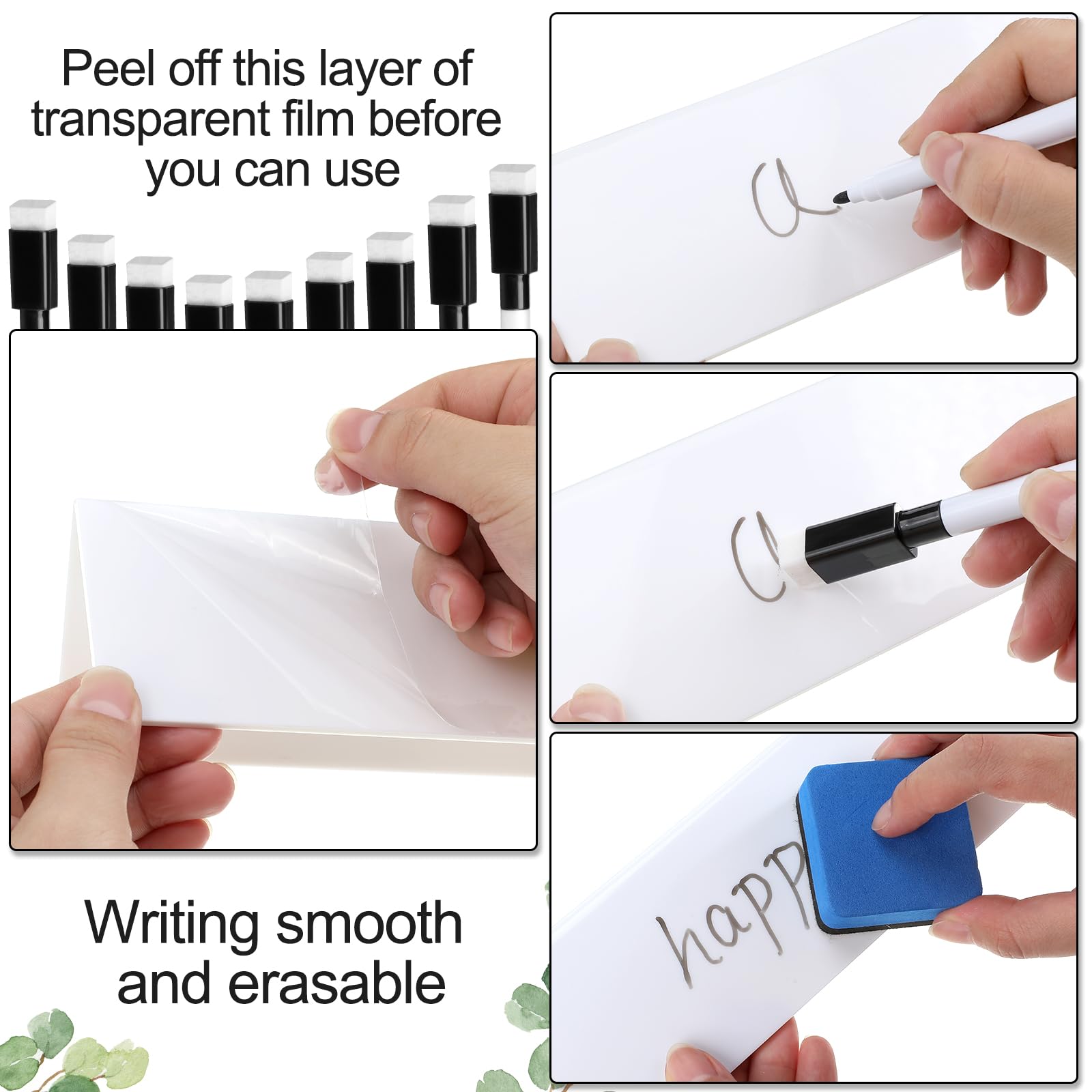 Seajan 48-Pack Reusable Dry Erase Name Tent Cards with Black Markers & Eraser - 8.66 x 1.97 x 2.76 Inch White Name Plates for Meetings, Weddings, Office, Classroom & Events - Perfect for Conferences, Training Sessions & Networking