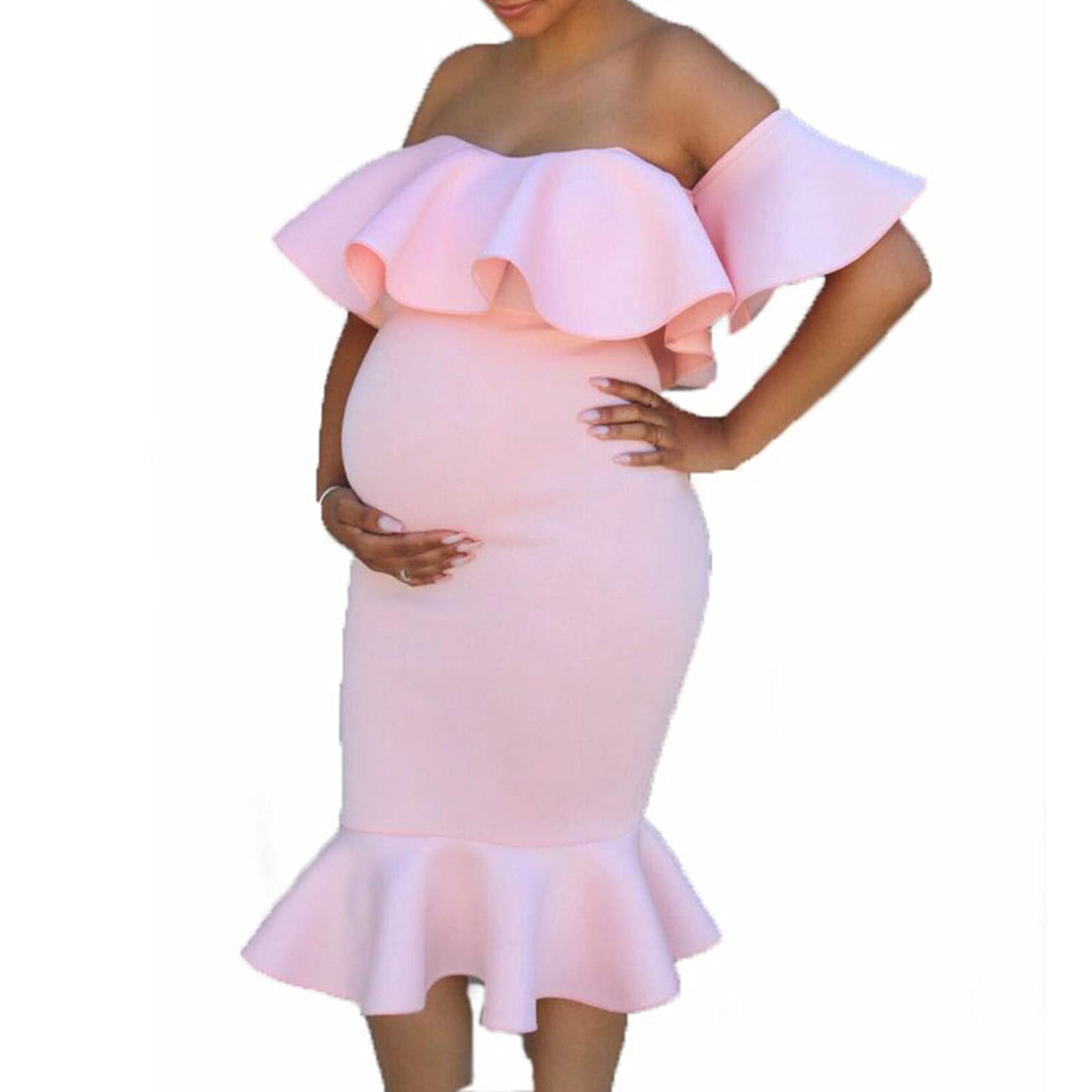 Elegant Maternity Off Shoulder Dress for Photoshoot - Flowy Midi Photography Gown with Ruffles - Perfect for Pregnancy Photos, Baby Showers & Special Occasions