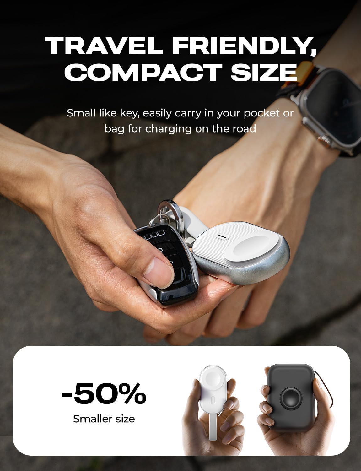 LISEN Portable 1200mAh Wireless Keychain Charger for Apple Watch Series 10/9/8/7/6/5/4/SE/Ultra - Fast Charging Power Bank | Perfect for Travel, Gym & On-the-Go Charging