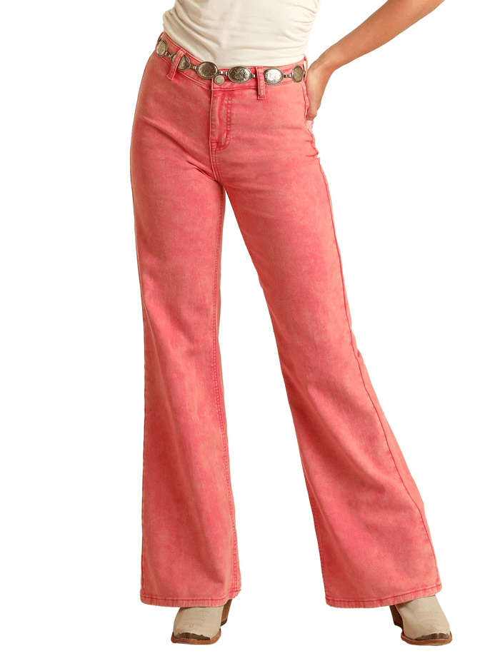Rock & Roll Denim BW8PD03586 Women's High Rise Distressed Flare Jeans in Pink - Perfect for Casual Outings, Concerts & Vintage Style Looks