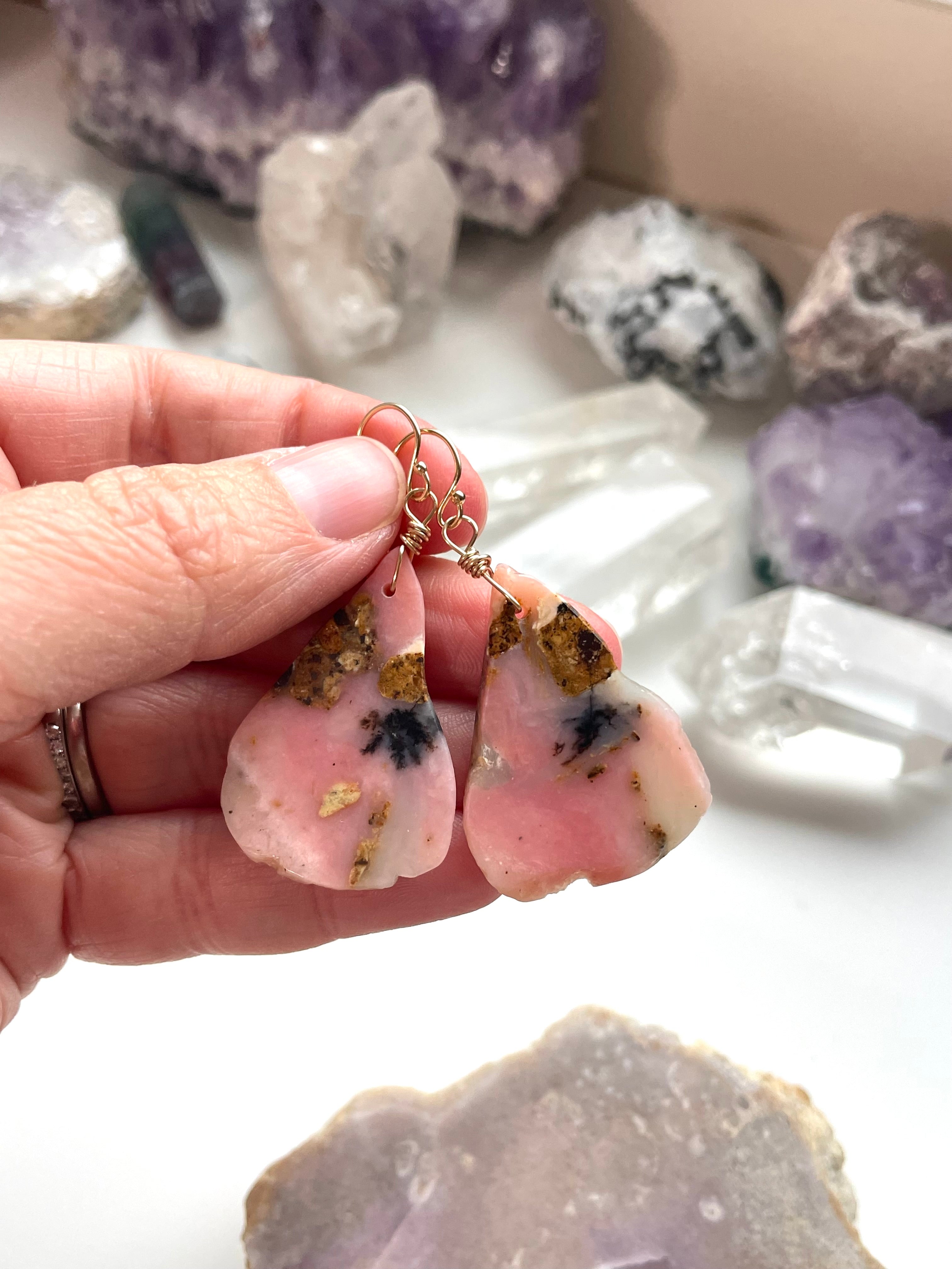Pink Opal Gold Filled Statement Crystal Gemstone Earrings for Women - Elegant Dangle Drop Earrings for Party, Wedding & Special Occasions