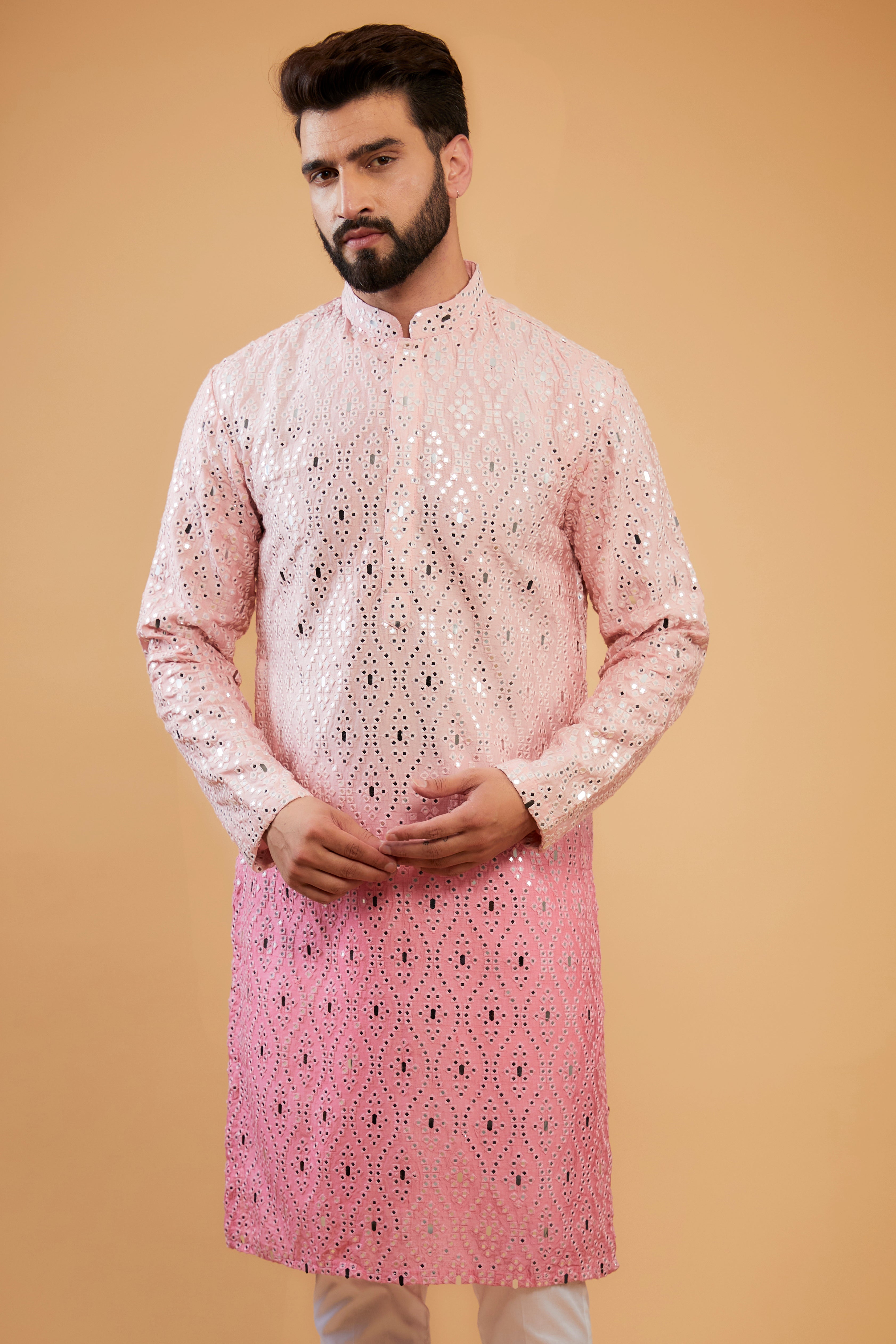 Elegant Pink Ombre Mirror Work Kurta with Intricate Thread Embroidery - Perfect for Festivals, Weddings, and Ethnic Fashion