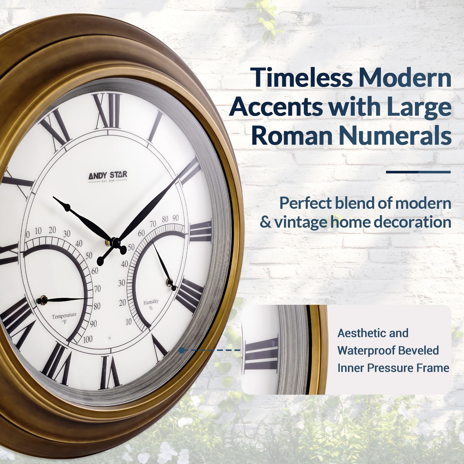 24 Inch Large Outdoor Wall Clock with Thermometer - Waterproof, Illuminated, Non-Ticking Metal Clock for Patio, Garden & Backyard - Battery Operated, Gold Finish - Perfect Housewarming Gift & Outdoor Decor