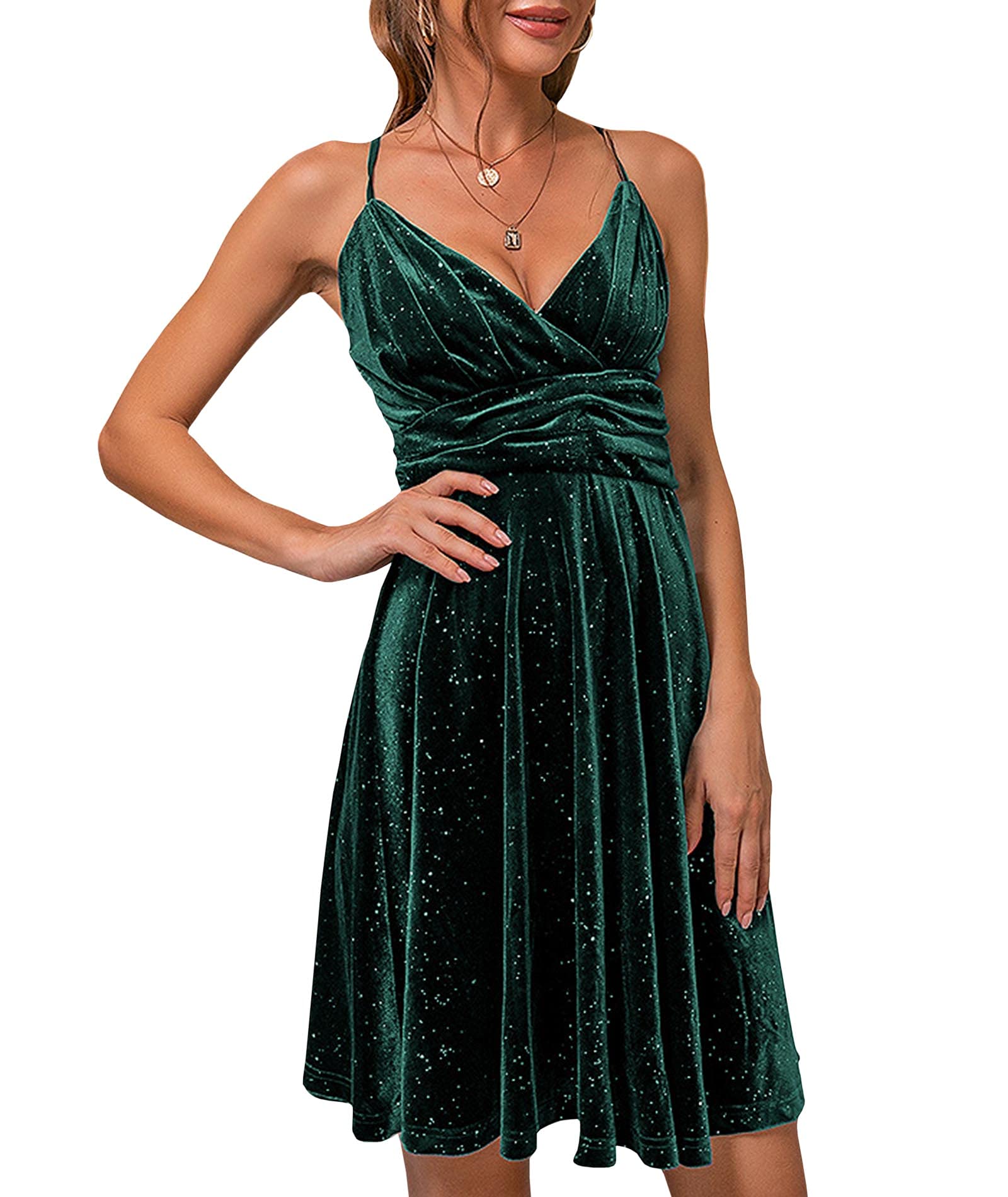 SEMATOMALA Women's Velvet Skater Dress - Spaghetti Strap Wrap V-Neck Flared Mini Dress with Sparkles | Elegant Cocktail Party Dress for Night Out, Date Night, Holiday Party & Special Occasions