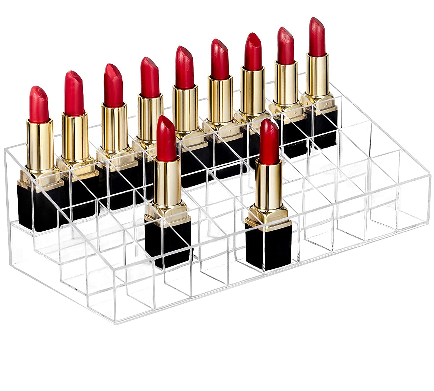 36 Grid Clear Plastic Lipstick Organizer - Transparent Makeup Storage Box for Lipsticks & Cosmetics - Perfect for Vanity, Bathroom, or Travel Organization