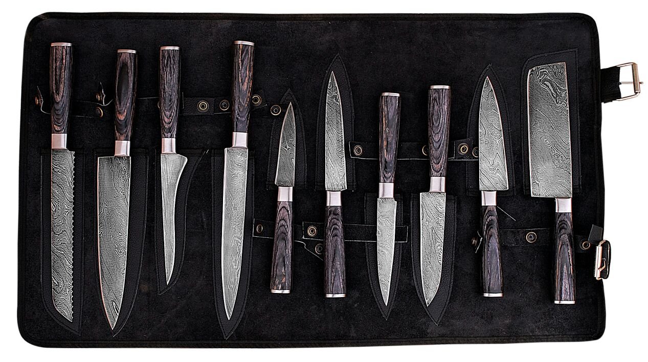 Premium Damascus Steel Professional Kitchen Knife Set - 10-Piece Black Utility Chef Knives with Wooden Handle & Protective Roll Bag | Ideal for Home Chefs, Culinary Students & Professional Kitchens | Perfect Gift for Cooking Enthusiasts