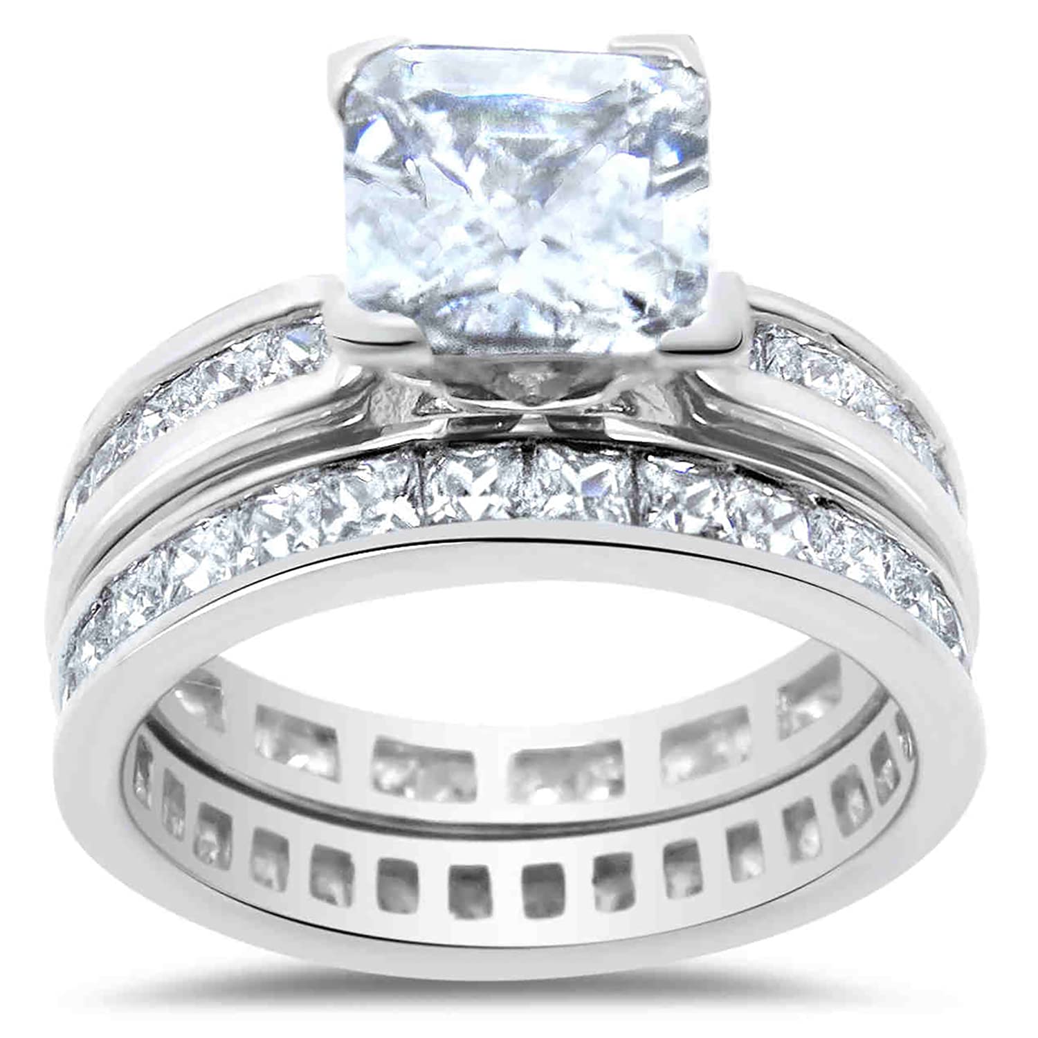His & Hers TRIO Sterling Silver Wedding Ring Set - 3 Piece Matching Band for Bride & Groom - Perfect for Anniversaries, Vows Renewal & Romantic Couple Jewelry Gifts