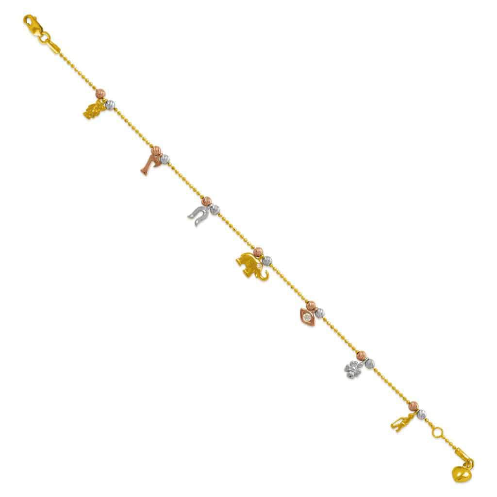14K Tricolor Gold Lucky Charm Bracelet Anklet - Elegant 7 Flower Adjustable Ankle Jewelry (7.5