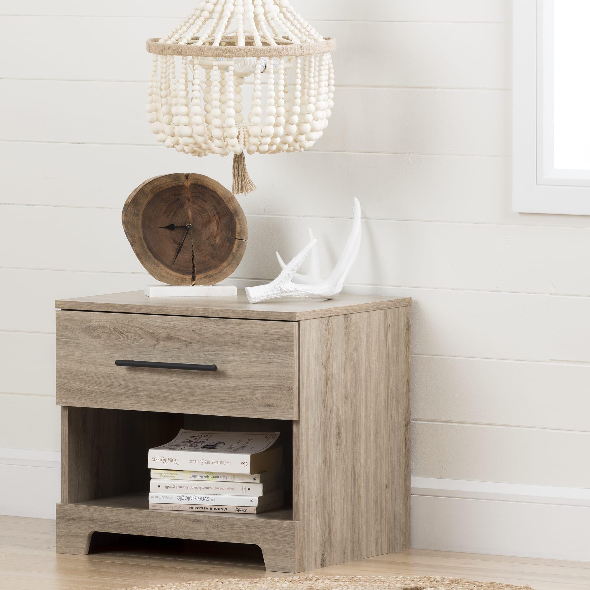 South Shore Primo 1-Drawer Nightstand in Rustic Oak Finish - Compact Bedside Table for Small Spaces, Perfect for Bedrooms, Dorms & Apartments