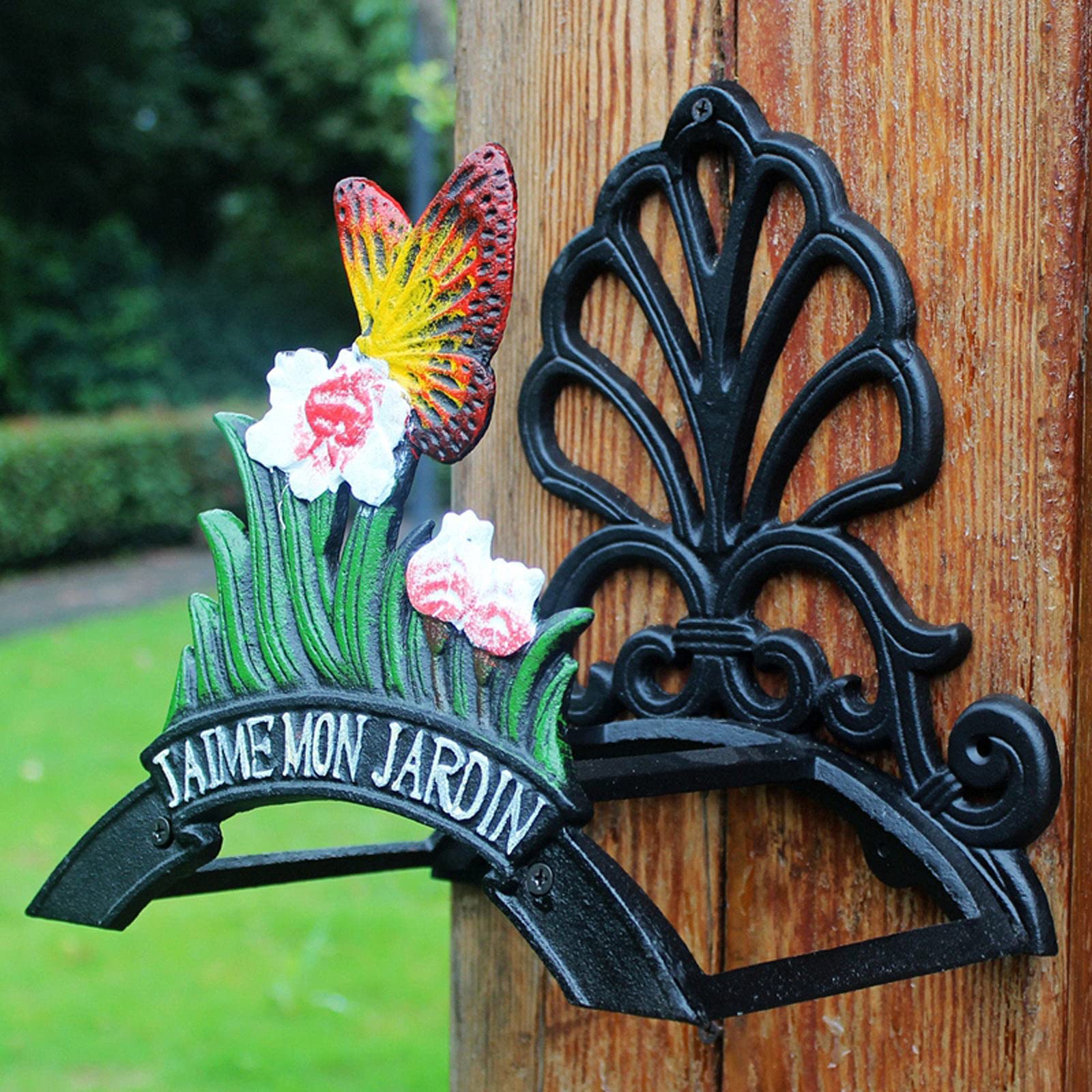 Vintage Cast Iron Wall Mounted Garden Hose Holder - Rustic Wrought Iron Hose Rack with Decorative Paint for Outdoor Water Hose Storage | Perfect for Patio, Yard, and Garden Organization