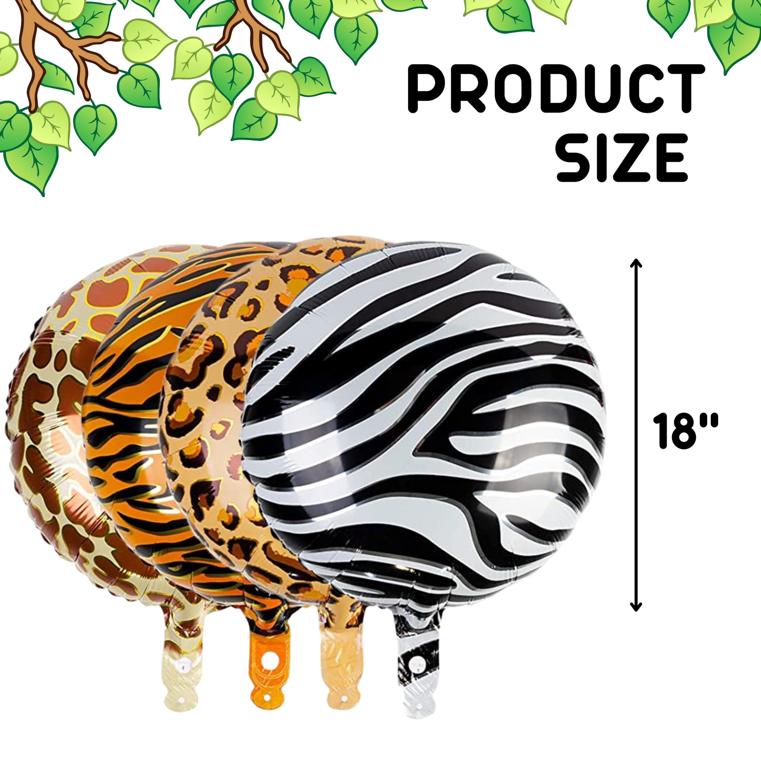 8PCS Safari Animal Print Balloons – 18 Inch Round Foil Mylar Balloons (Giraffe, Tiger, Zebra, Leopard) for Jungle Theme Birthday Party Decorations – Perfect for Baby Showers, Zoo Parties & Safari Adventures