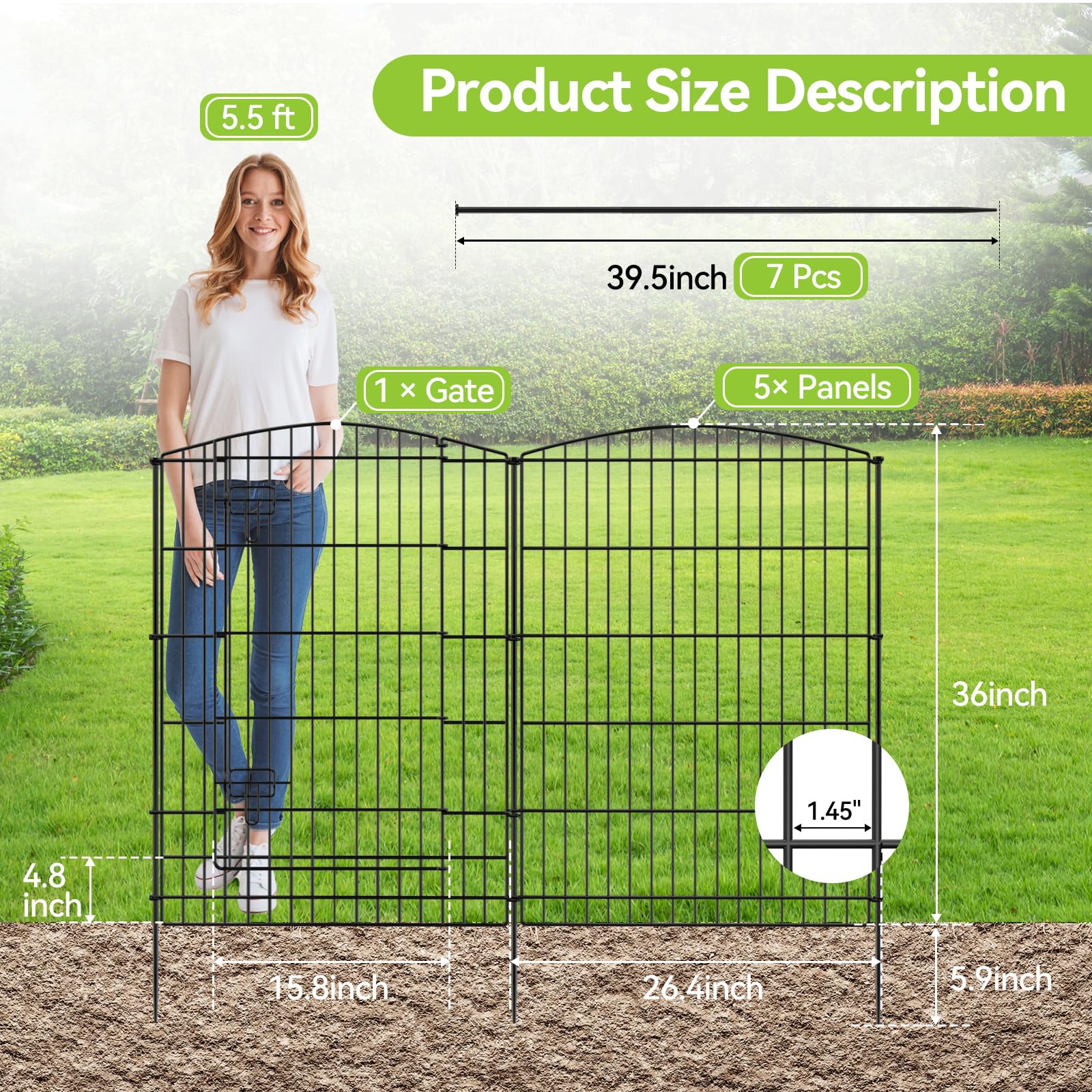 INJOPEXI 6-Panel Decorative Garden Fence - 13ft Length x 36in Height Rustproof Metal Wire Animal Barrier with Gate - No Dig Temporary Fencing for Rabbits, Dogs, Pets - Perfect for Patio, Yard, Outdoor Decor & Garden Protection