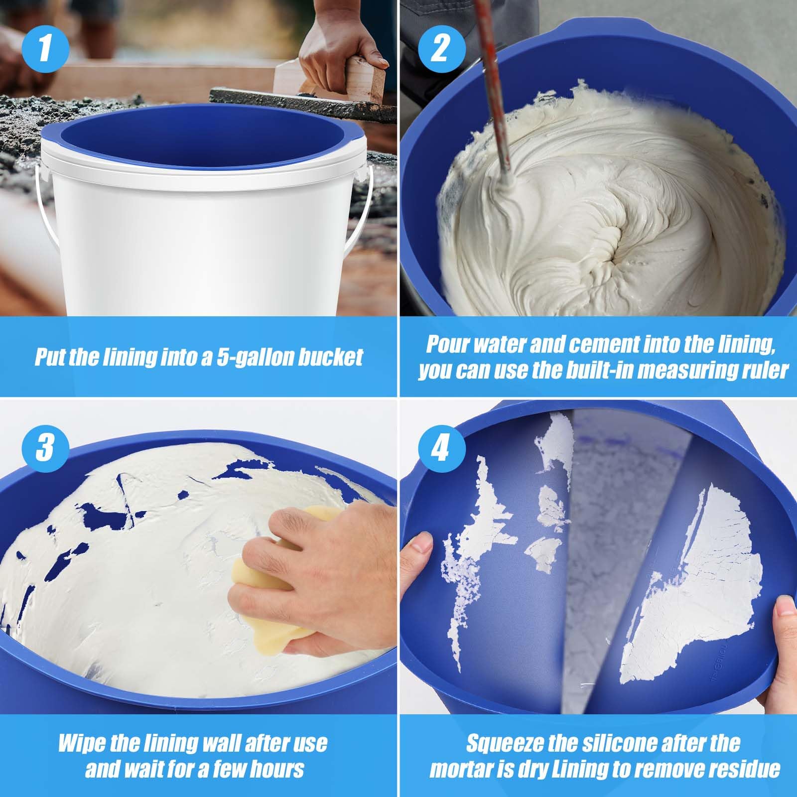 5 Gallon Reusable Silicone Bucket Liner with Inner Wall Measuring Scale - Durable Rubber Liner for Thin Mortar, Concrete Mixtures & DIY Projects - Perfect for Construction, Home Improvement and Crafting