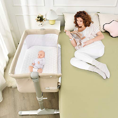 BABY JOY Portable Baby Bedside Crib with Adjustable Height & Angle, Detachable Mattress & Breathable Mesh - Foldable Bassinet for Newborns with Carrying Bag & Safety Straps (Beige) | Perfect for Co-Sleeping, Nursery, Travel & Home Use