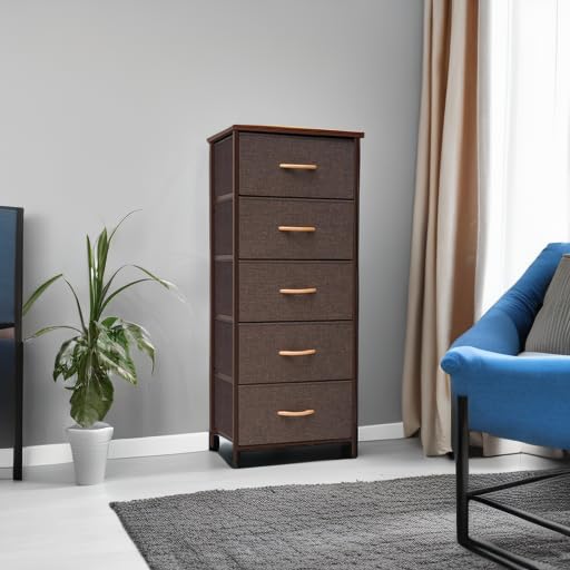 Crestlive 5-Drawer Vertical Dresser Storage Tower - Sturdy Steel Frame & Wood Top with Easy Pull Fabric Bins - Space Saving Closet Organizer for Bedroom, Hallway, Entryway - Perfect for Small Spaces & Apartment Living (Brown)