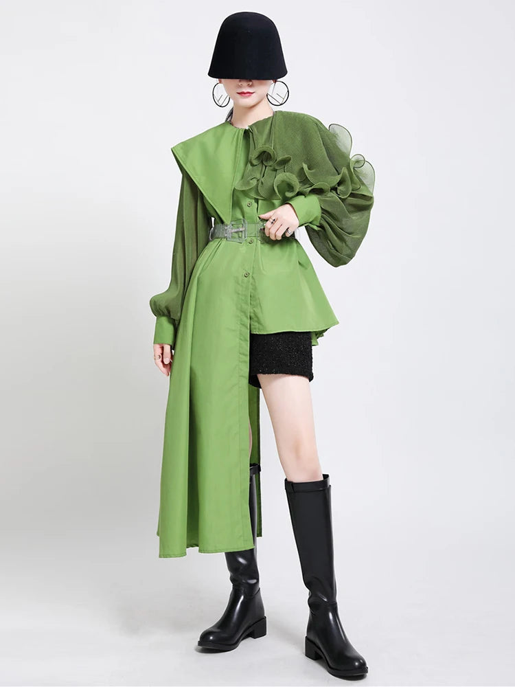 Asymmetrical Patchwork Lace Up Dress for Women - Irregular Collar Lantern Sleeve High Waist Elegant Summer Dress | Perfect for Date Night, Cocktail Parties & Special Occasions
