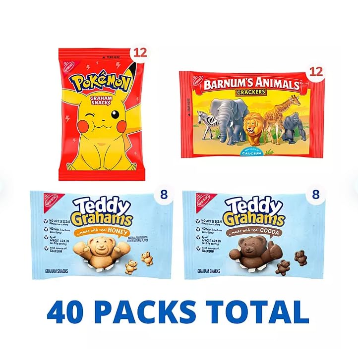 Schoolhouse Snacks Graham Cracker Variety Pack - 40ct Kids Snacks with Pokemon, Barnum's Animal Crackers & Teddy Grahams | Perfect for School Lunches, After-School Treats & Birthday Party Snacks