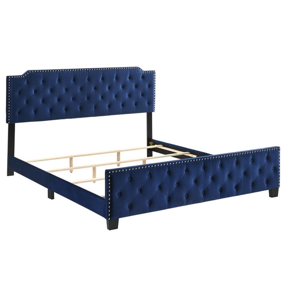 Furniture of America Chetana Navy Blue Tufted Full Upholstered Wood Bed Frame - Queen Size Platform Bed with Solid Wood Legs for Modern Bedroom Decor