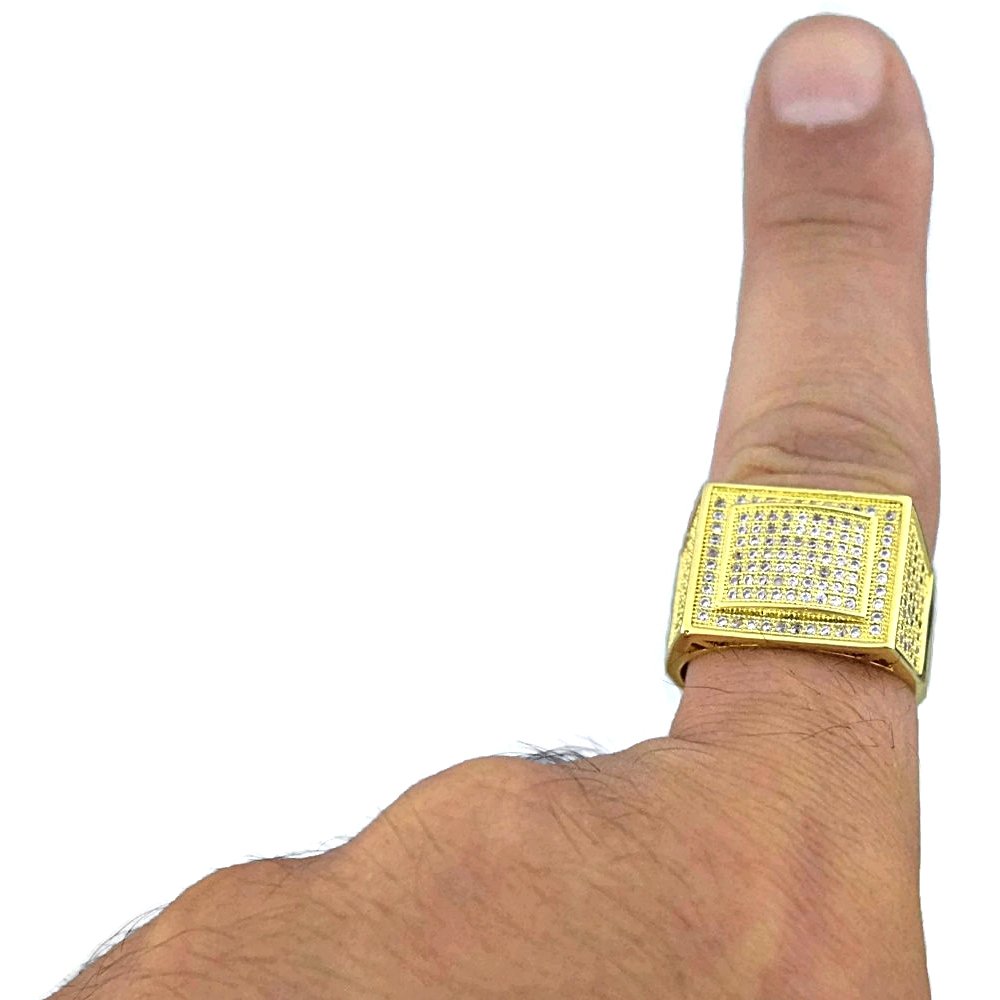 Bling Cartel Hip Hop Ring for Men - Iced Rectangular Micro Pave Cubic Zirconia CZ Gold Tone Band | Perfect for Rap Artists, Streetwear Fashion & Hip Hop Jewelry Collection