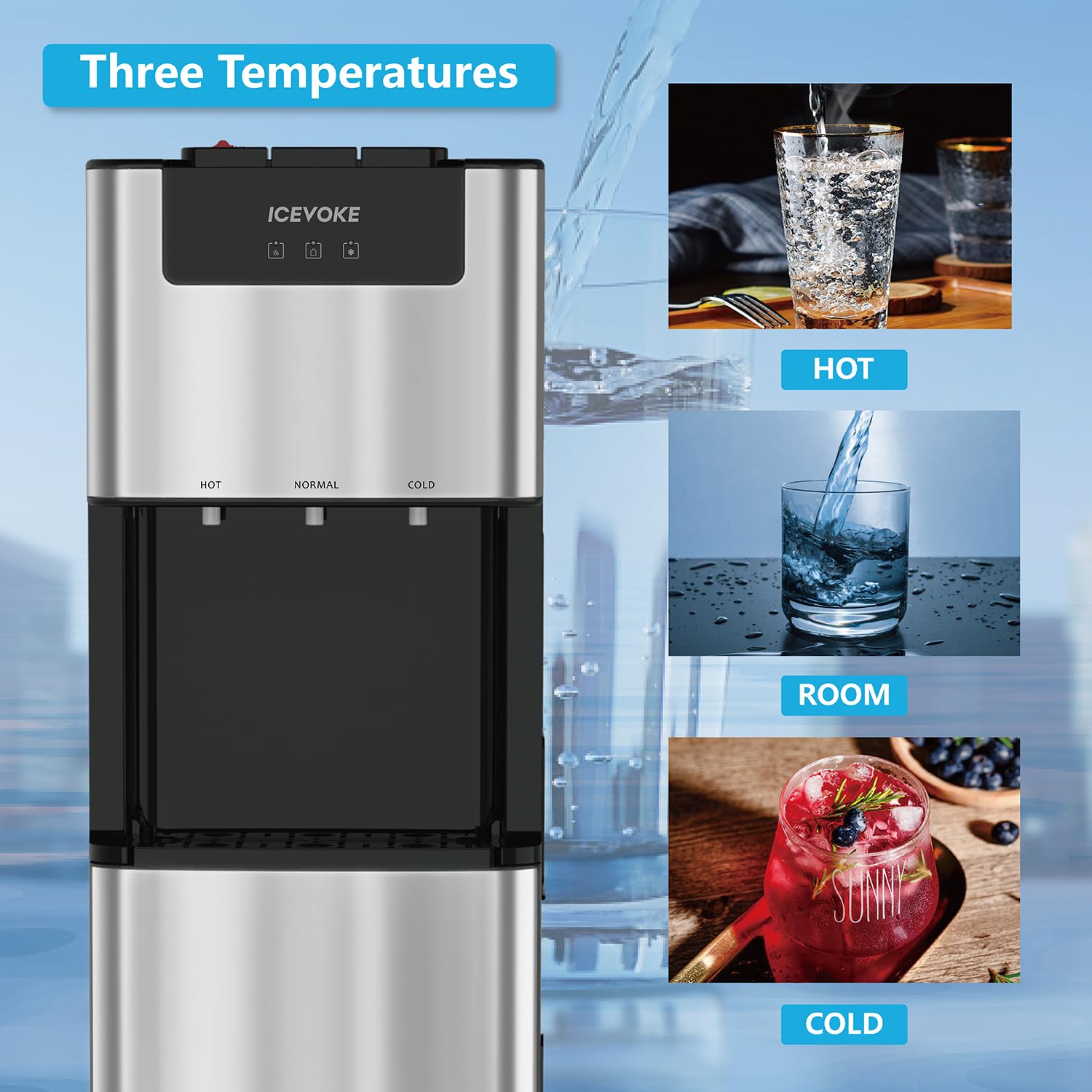 ICEVOKE Bottom Loading Water Cooler Dispenser for 3/5 Gallon Bottles - Hot, Room & Cold Water with Child Safety Lock, UV Self-Cleaning, LED Display, Stainless Steel - Perfect for Home, Office, and Gym Hydration