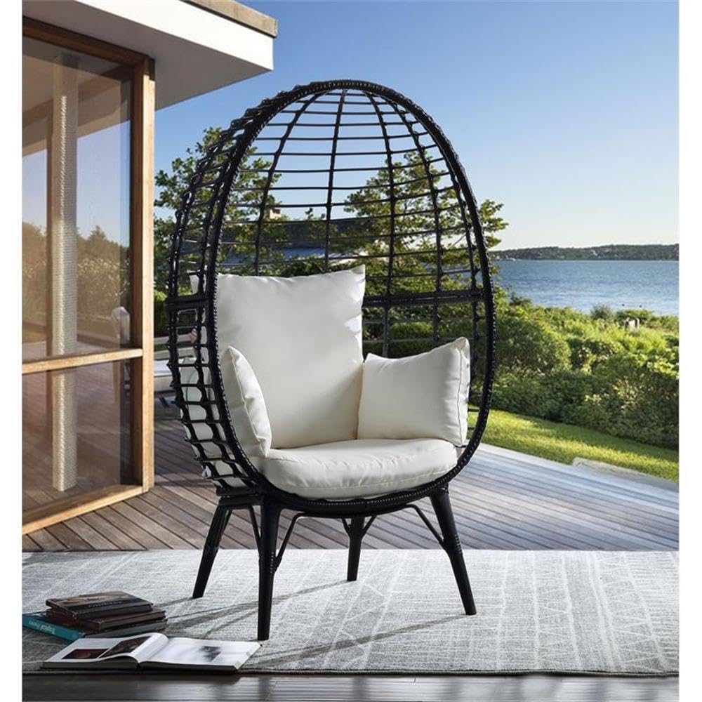 Acme Penelope Patio Lounge Chair - Light Gray Fabric with Black Metal Frame - Outdoor Furniture for Poolside, Garden & Deck Relaxation