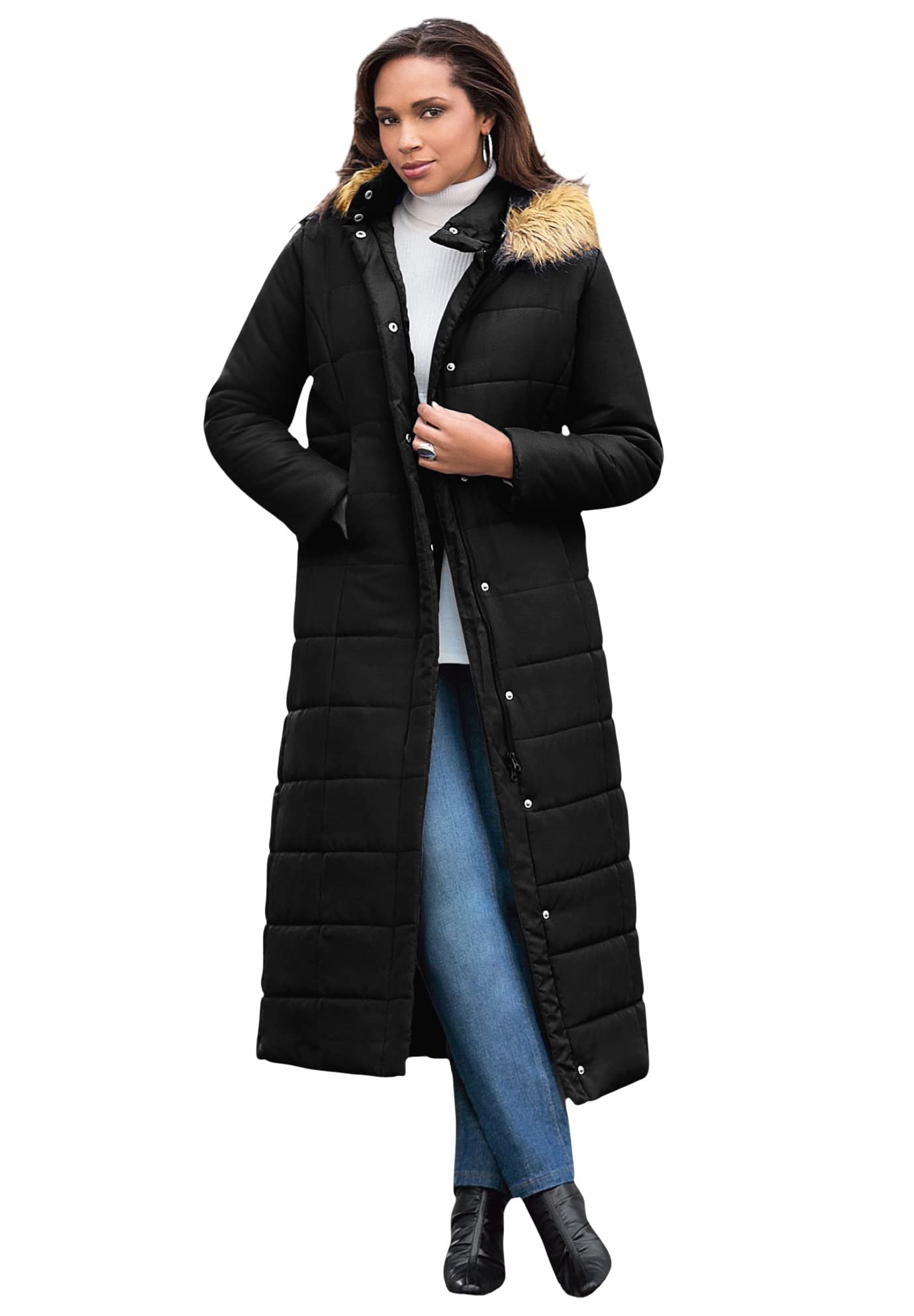 Roaman's Women's Plus Size Long Quilted Puffer Jacket - Winter Warm Coat for Cold Weather, Outdoor Activities & Casual Fashion