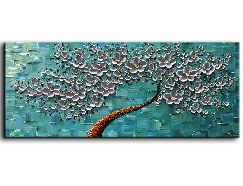 YaSheng Art - 24x60 Inch Large Abstract Floral Oil Painting on Canvas, 3D Texture Palette Knife Art, Silver Flower Tree Wall Decor - Perfect for Living Room, Bedroom & Office Wall Art