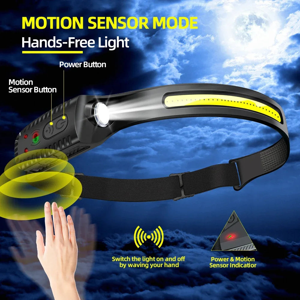 USB Rechargeable LED Sensor Headlamp - XPE+COB Bright Headlight with Motion Detection, Adjustable Head Torch for Camping, Hiking, Fishing & Outdoor Activities | Waterproof Flashlight for Night Work & Emergency Use