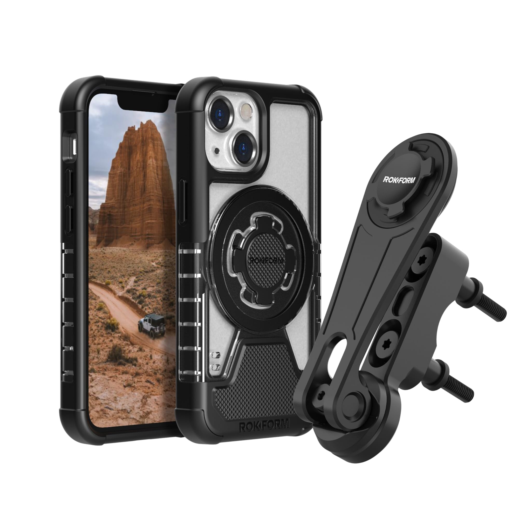 Rokform iPhone 13 Mini Crystal Clear Case with Motorcycle Phone Mount - Secure Bike Handlebar Holder for Riding, Commuting & Outdoor Adventures