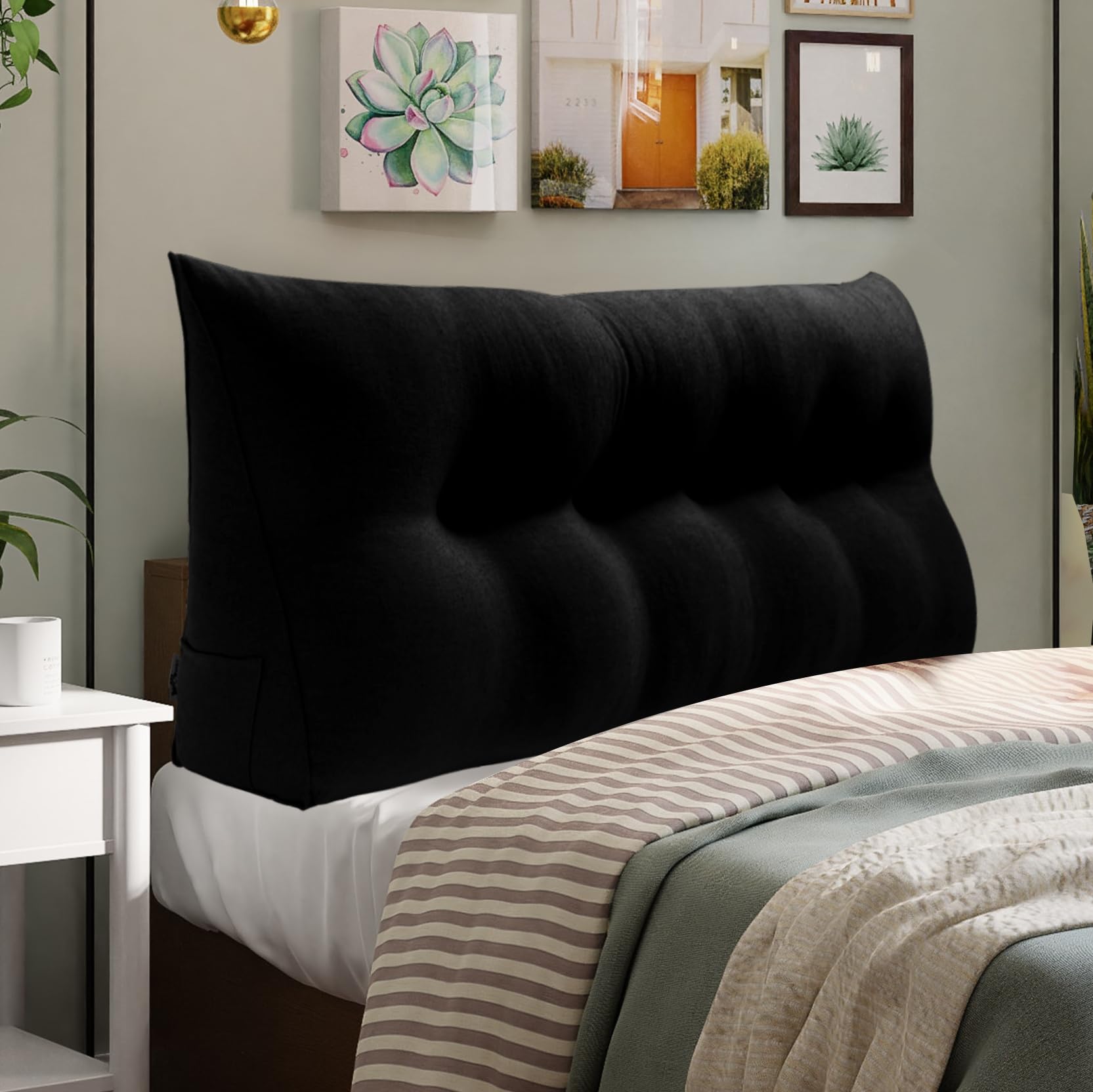 WOWMAX Queen Size Triangular Bed Wedge Pillow for Headboard - 85% Linen 15% Cotton Blend with Removable Cover (Black) - Perfect for Daybeds, Bunk Beds & Back Support While Reading or Watching TV in Bed