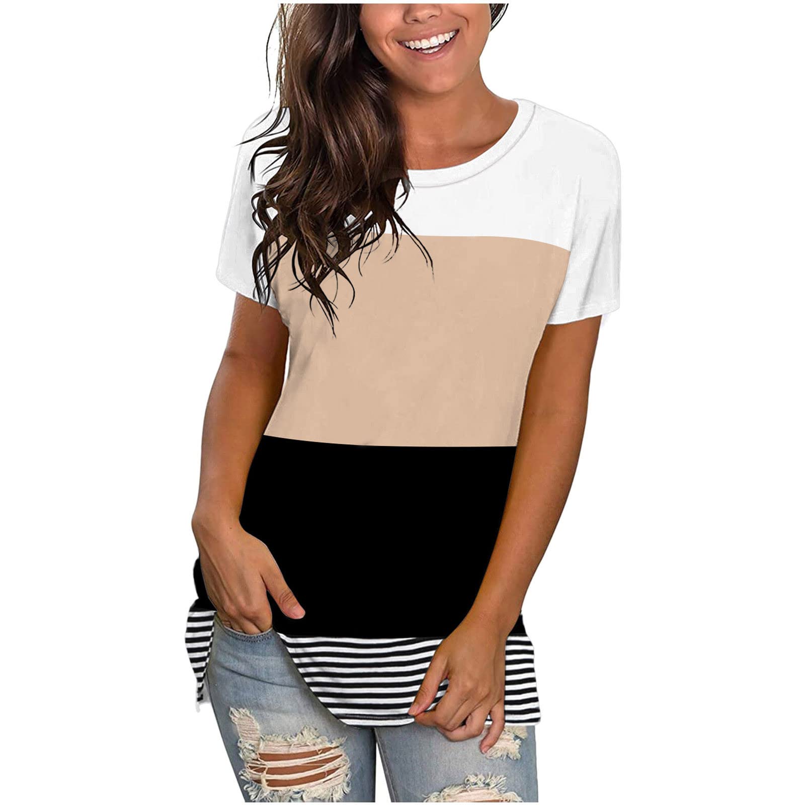 Women's Summer Short Sleeve T-Shirts - Striped Color Block Casual Blouses & Plus Size Loose Fit Tops for Everyday Wear, Beach Outings & Weekend Relaxation