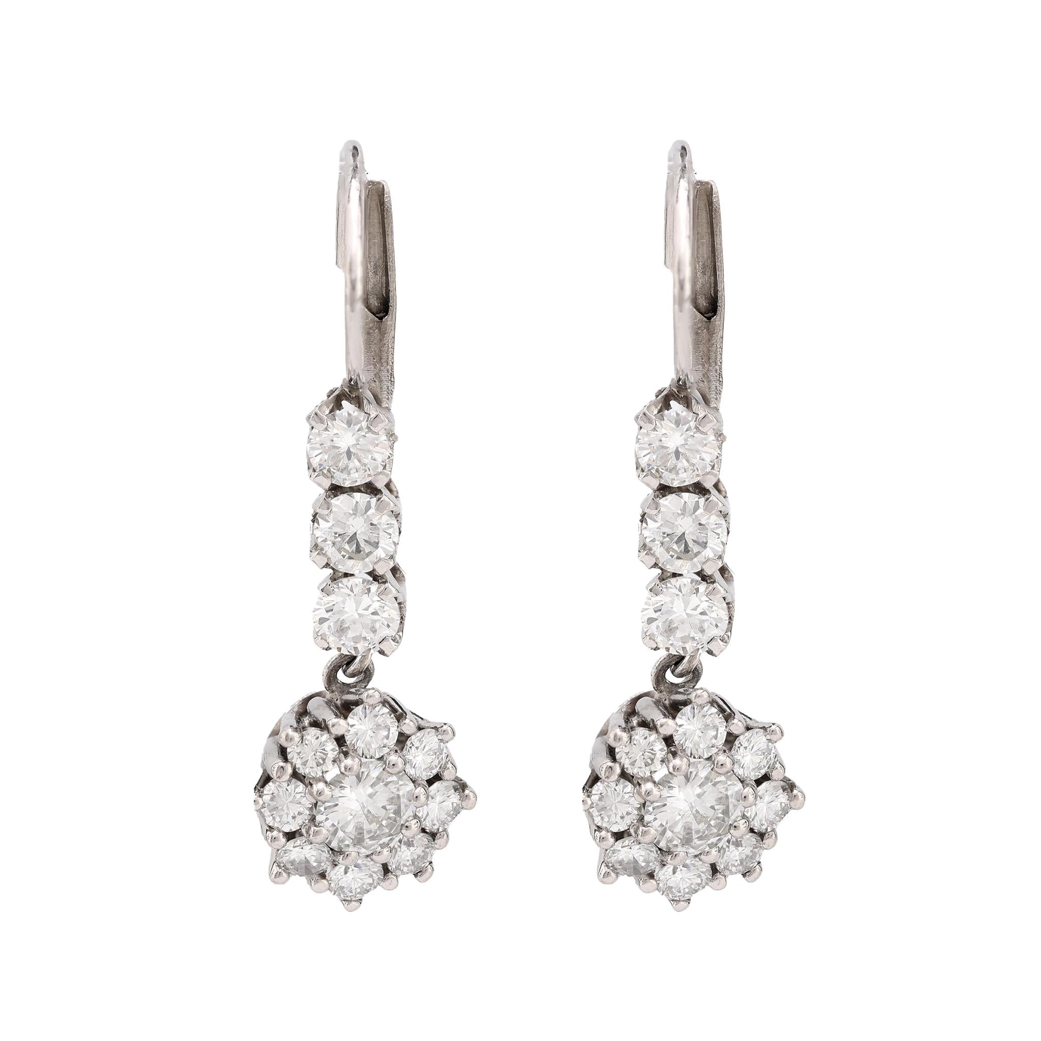 Vintage Style 2 Carat Diamond Platinum Floral Drop Earrings for Women - Elegant Wedding, Party & Evening Wear Jewelry
