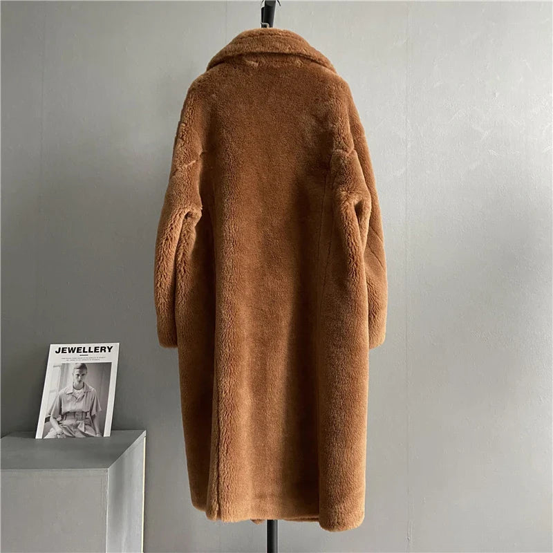 2022 Women's Long Cashmere Coat - Premium Wool Woven Fabric, Thick & Warm Oversized Winter Jacket | Fashion Streetwear Teddy Bear Style | Perfect for Cold Weather, Office Wear & Holiday Outfits