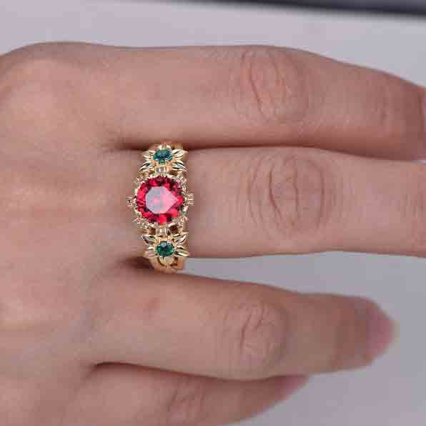 Vintage Ruby and Emerald Engagement Ring - Unique Floral Design for Wedding, Proposal, Anniversary, and Special Occasions