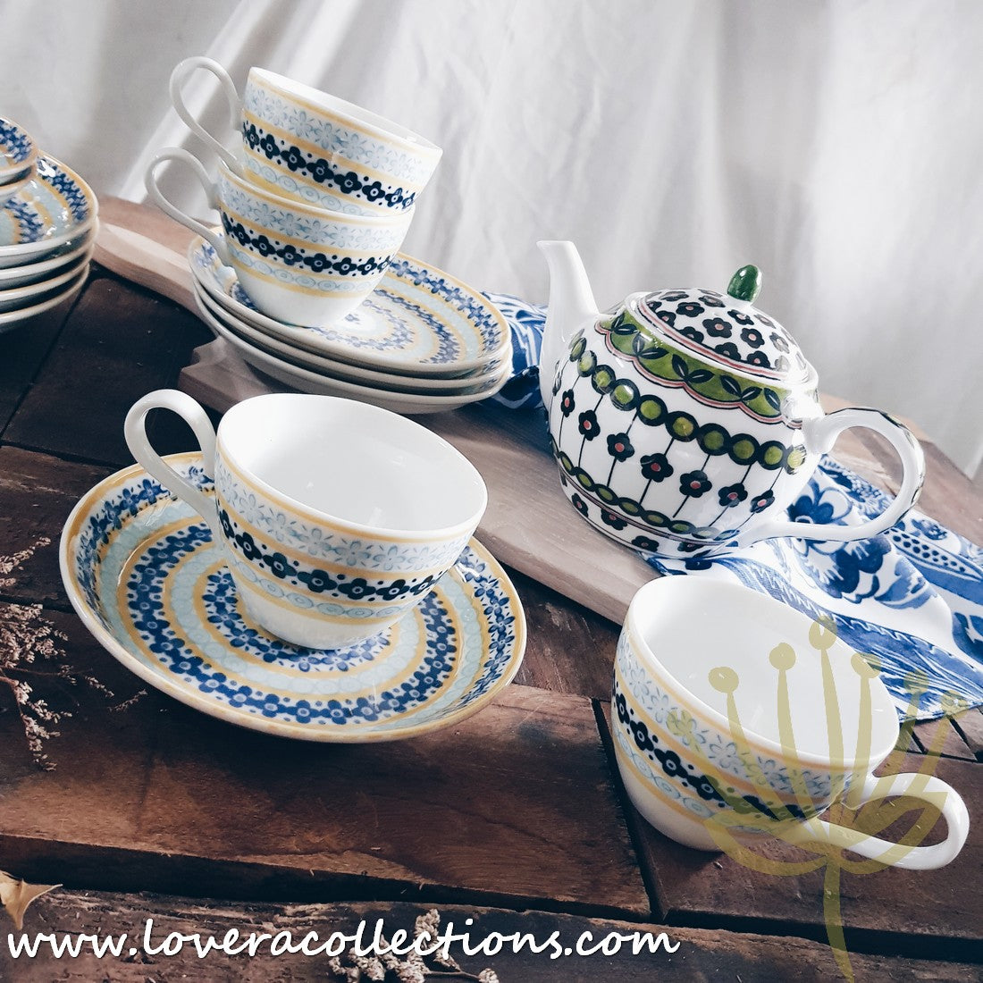 Awasaka Japan Blue & Yellow Floral Tea & Dinnerware Set - Elegant Japanese Ceramic Cups, Plates & Serving Dishes for Afternoon Tea, Dinner Parties & Home Decor