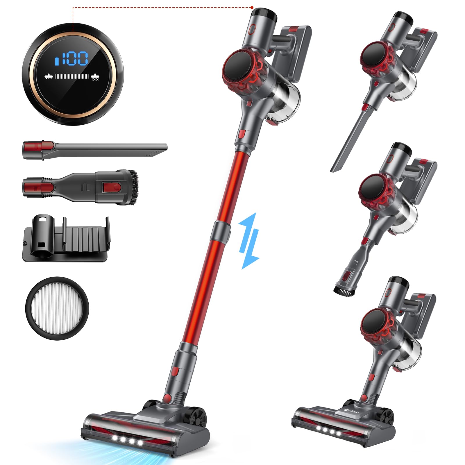 **45kPa Powerful S3 Cordless Vacuum Cleaner - LED Display, 55-Min Runtime, Rechargeable Stick Vacuum for Home, Pet Hair, Carpet & Hard Floors - Free-Standing Design (Red) - Perfect for Quick Cleanups & Pet Owners**