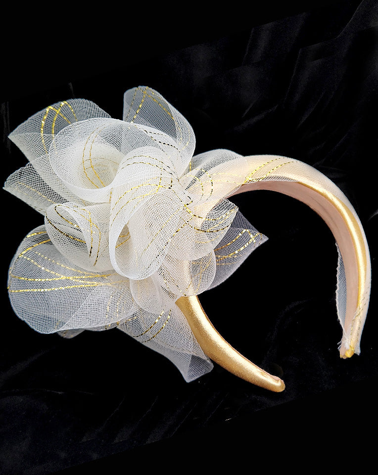 Elegant Metallic Gold Race Day Crown & Fascinators with Crinoline Twist Headband - Perfect for Kentucky Derby, Weddings & Special Events