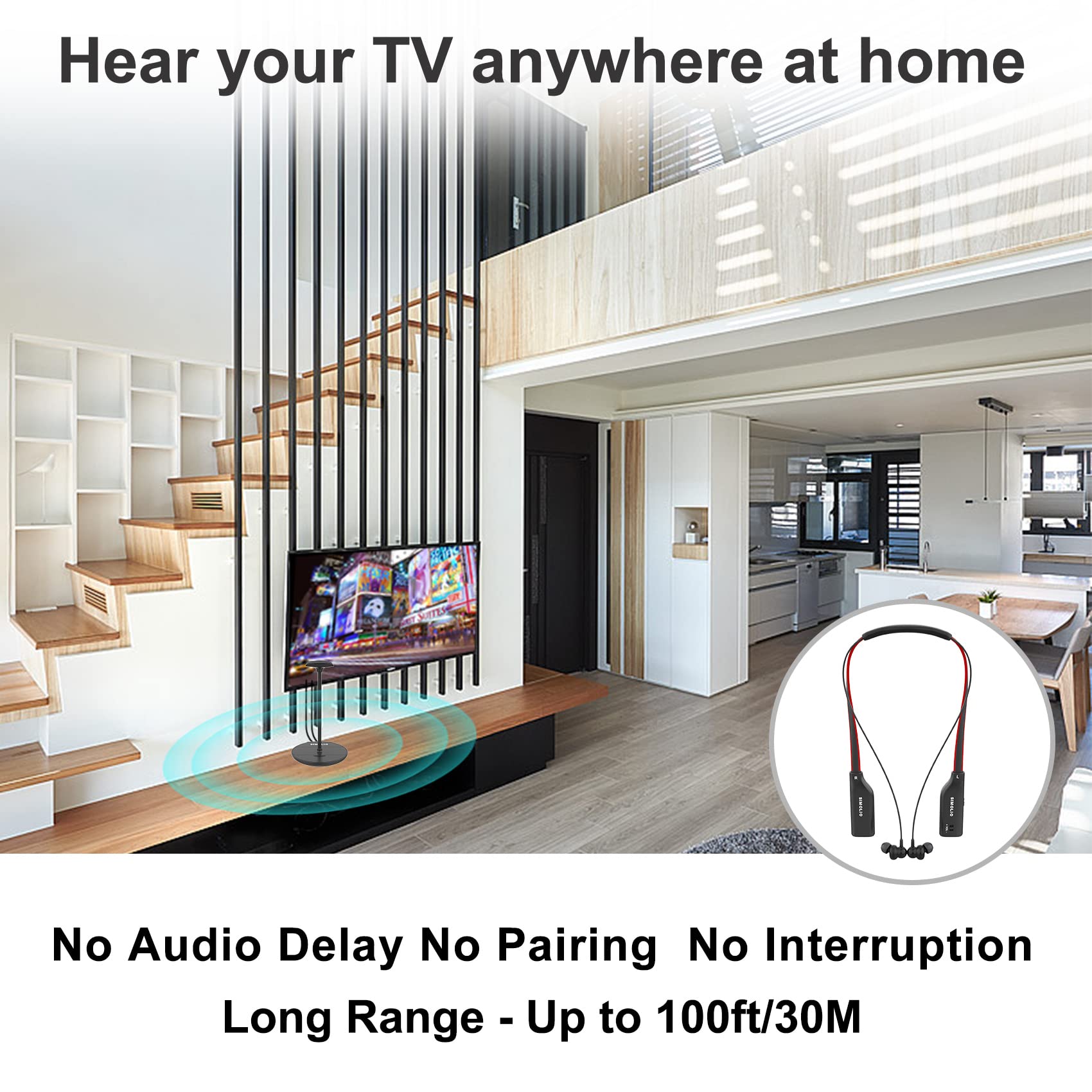 SIMOLIO Dual Wireless TV Headphones for Seniors - Enhanced Dialogue Clarity, Tone & Balance Control | Includes Spare Battery & Charging Stand | 3-in-1 Base with Optical/RCA/AUX Inputs | Perfect for Nighttime TV Watching & Hearing Assistance