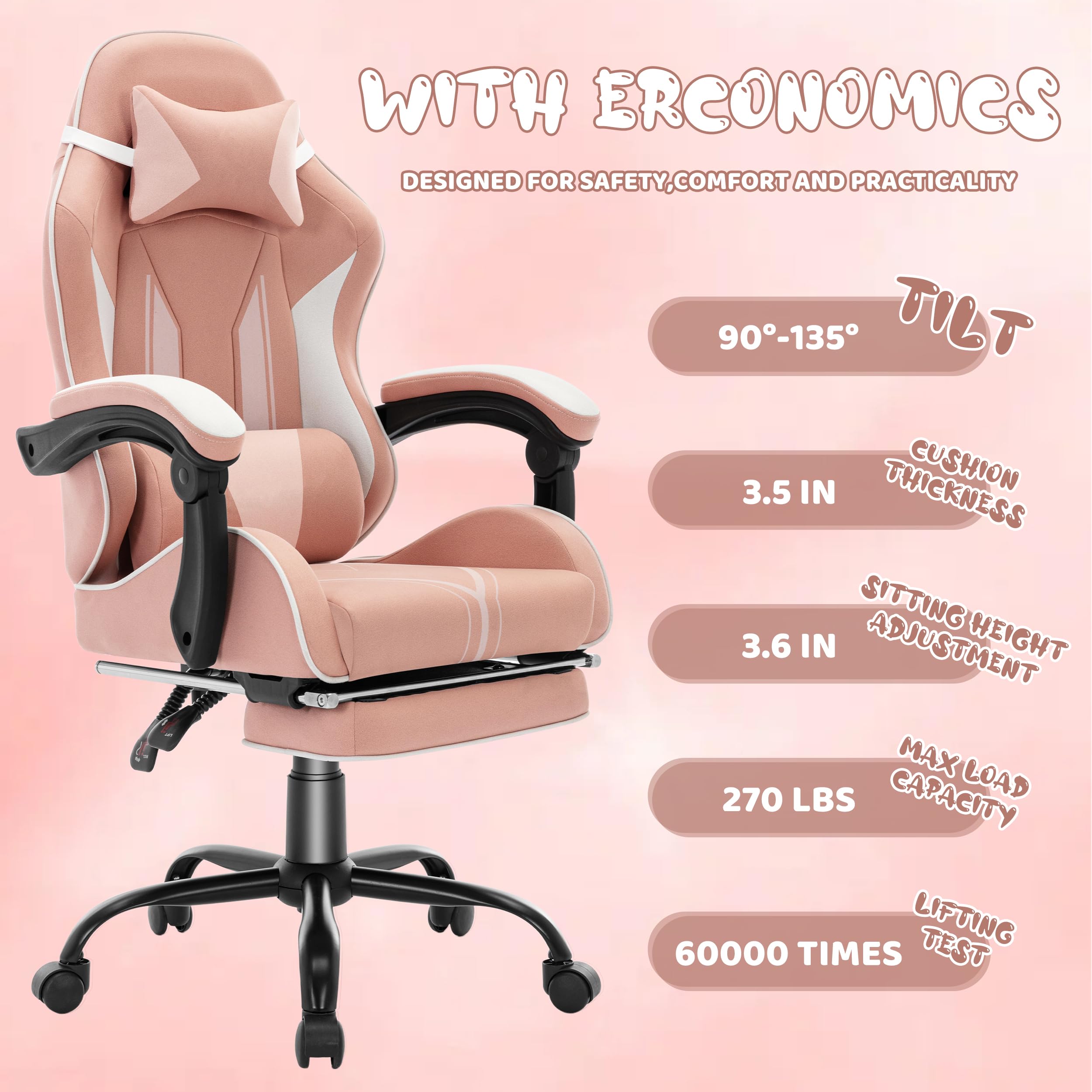 Ergonomic Gaming Chair for Kids & Teens - Pink Racing Reclining Computer Chair with Adjustable Footrest & Lumbar Support - Perfect for Gaming, Studying & Home Office Use