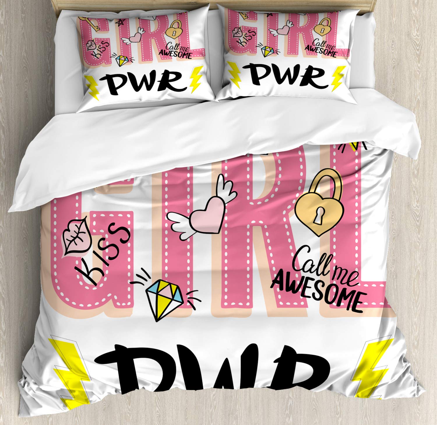 Ambesonne Girl Power Duvet Cover Set - King Size 3 Piece Bedding with 2 Pillow Shams, Valentine's Day Heart Wings Print, Multicolor Doodle Sketch Design | Perfect for Teen Girls Room Decor, Valentine Gifts & Romantic Bedroom Makeover