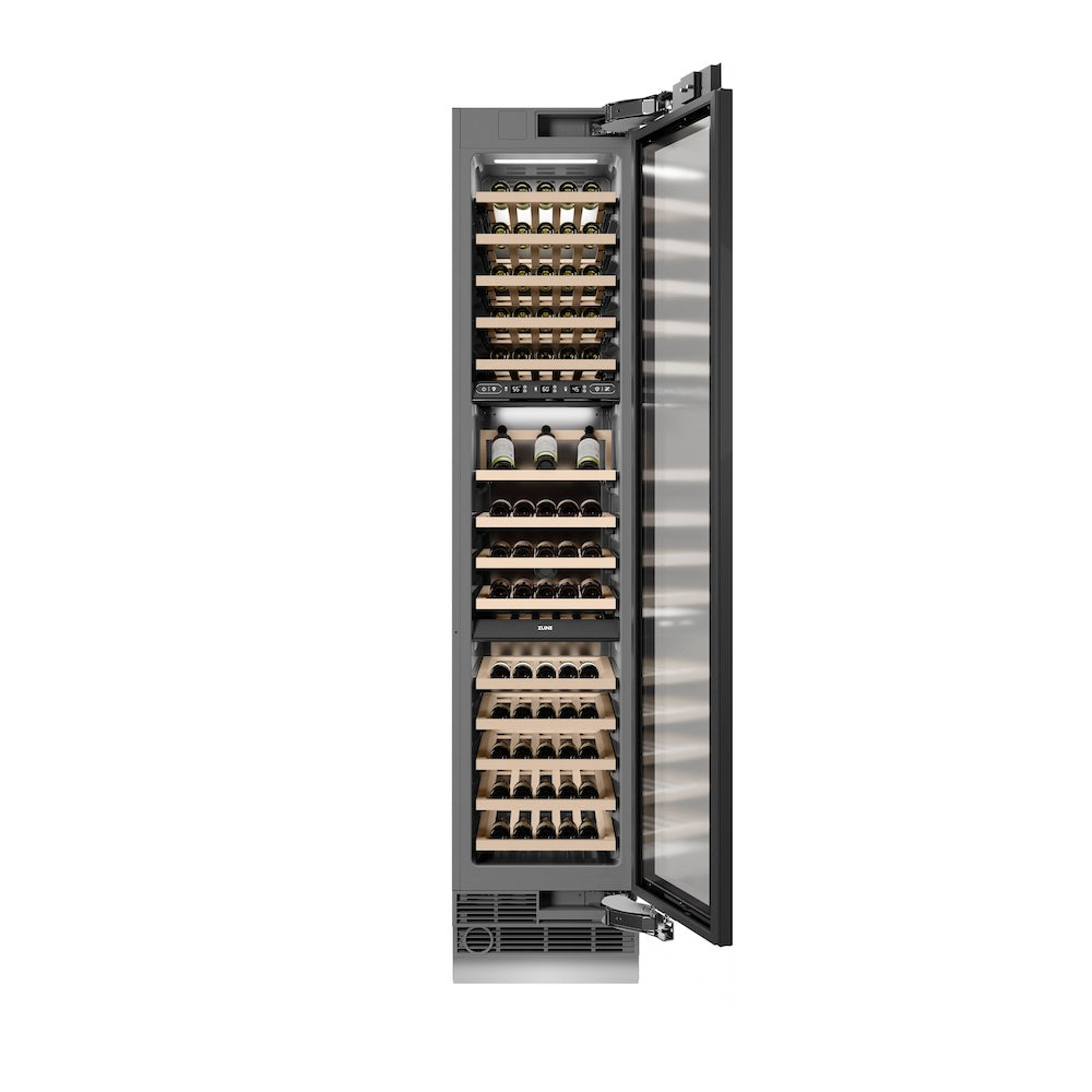 ZLINE Autograph Edition 18 Inch 9.0 cu ft Triple Zone 68 Bottle Panel Ready Right Hinge Column Wine Cooler with Polished Gold Accents - Perfect for Home Bars, Wine Cellars, and Entertaining Spaces (RBCWVRZ 18 G)