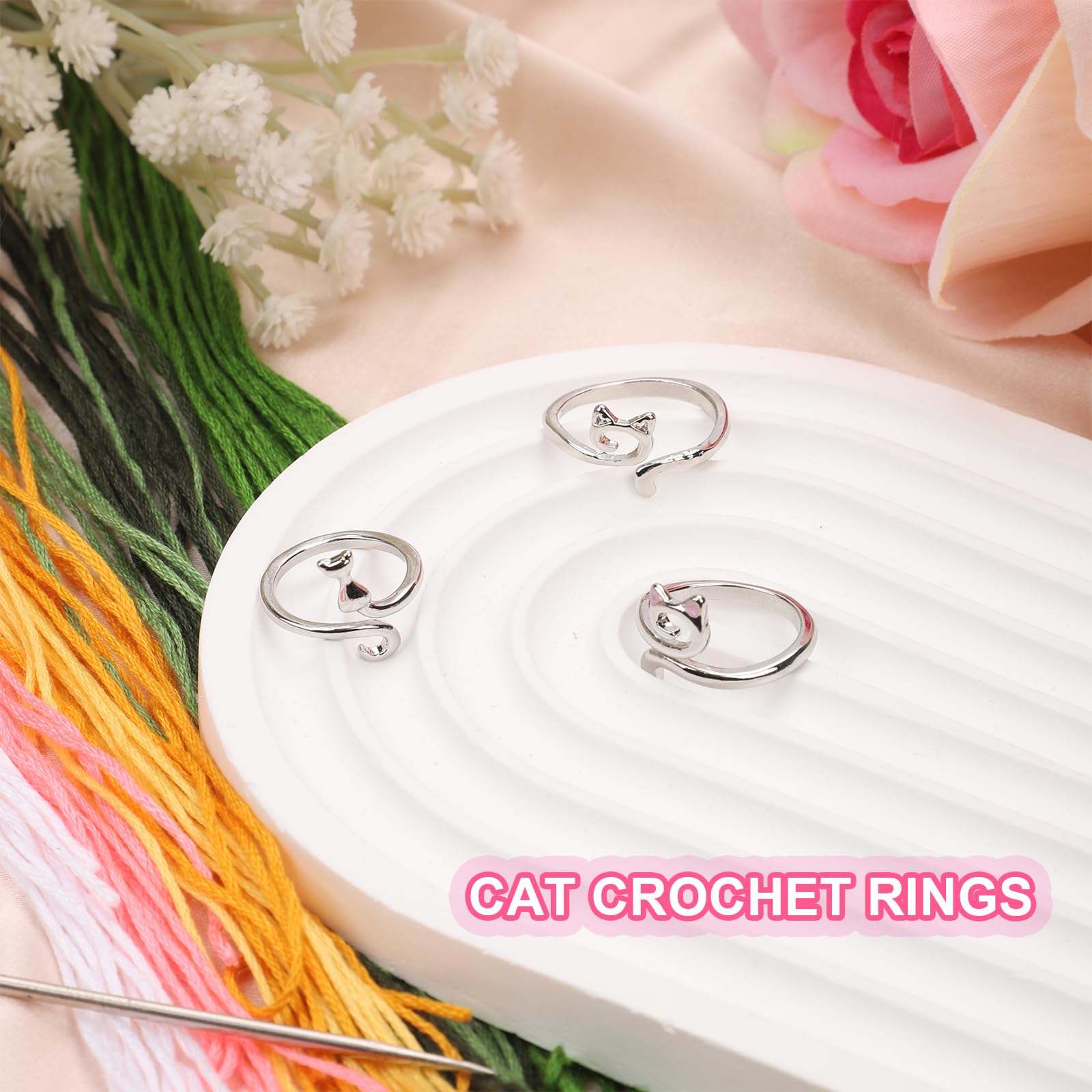 BOXOB 3-Piece Crochet Tension Rings - Cat-Themed Yarn Guide Finger Holders for Faster Knitting & Crocheting (Silver) | Perfect for Beginners & Experienced Knitters, Ideal for DIY Projects & Handmade Gifts
