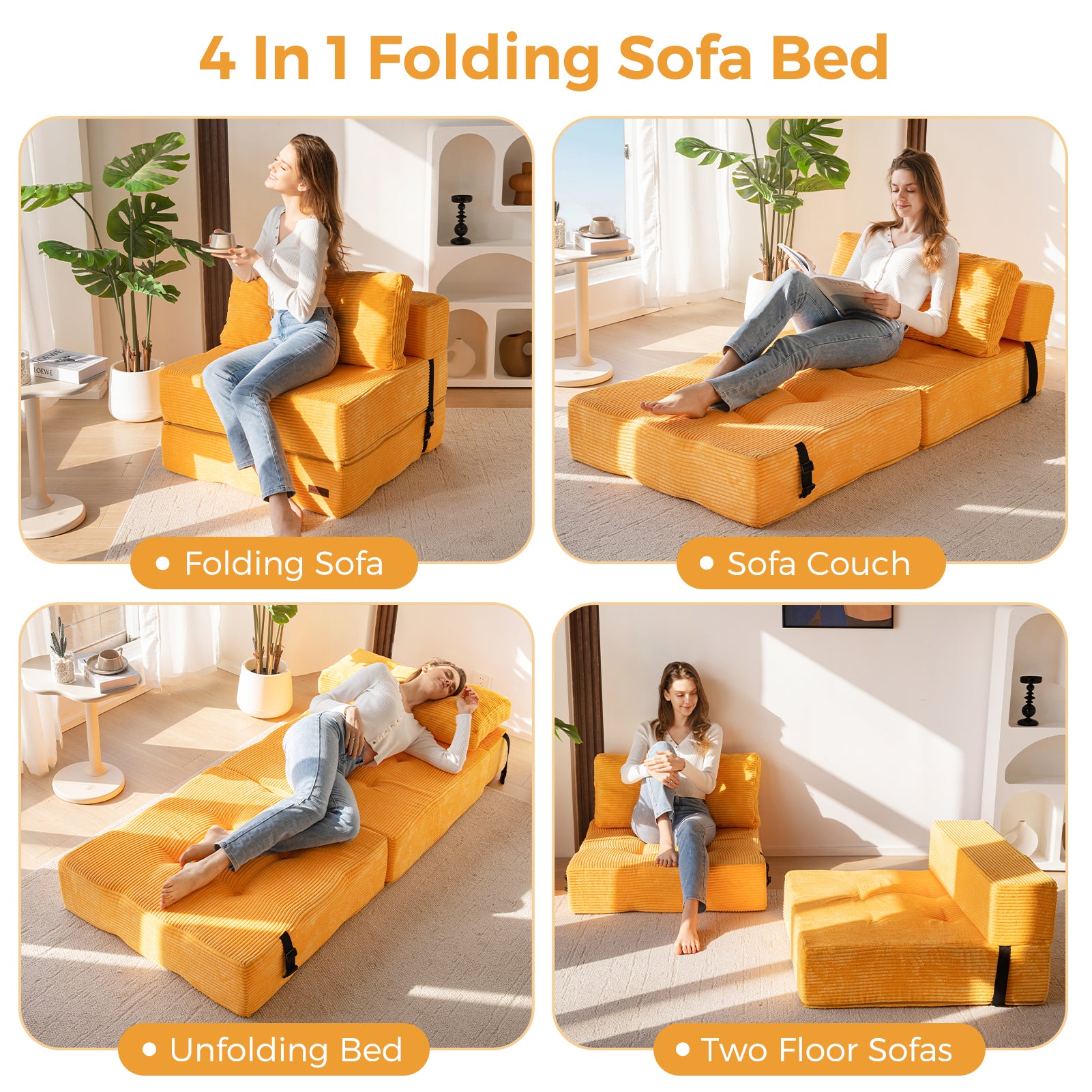 MAXYOYO Convertible Folding Sofa Bed with High Density Support Foam - Comfortable Sleeper Sofa for Small Spaces, Guest Room & Apartment Living - Orange Modern Futon for Living Room, Bedroom & Office