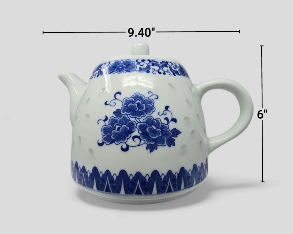 Large 56oz Blue and White Porcelain Teapot - 6 Cup Capacity Chinese Style Tea & Coffee Pot for Home, Office, and Gift Giving