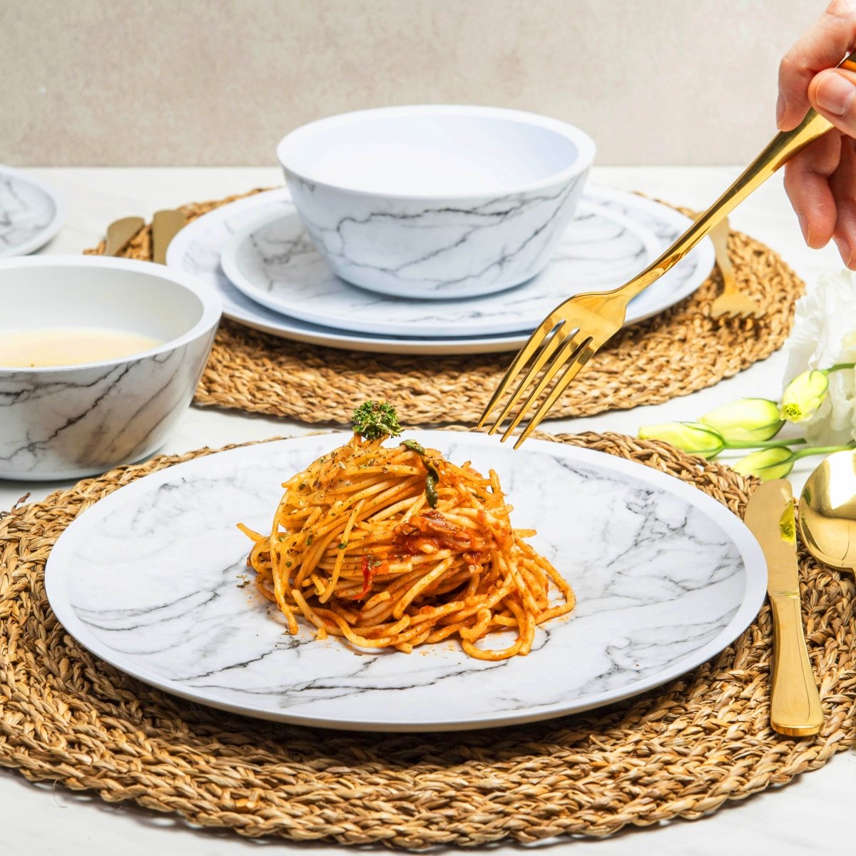 12-Piece White Marble Melamine Dinnerware Set - Plates & Bowls for Stylish Dining, Outdoor Picnics & Durable Everyday Use