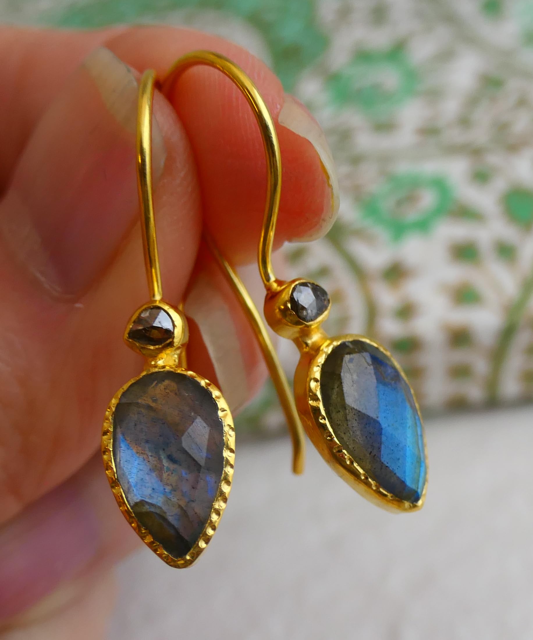Labradorite and Diamond Gold Plated Sterling Silver Drop Earrings | Natural Gemstone Jewelry for Women | Handmade Birthday, Valentine's & Mother's Day Gift | Elegant Evening Wear & Special Occasion Accessories